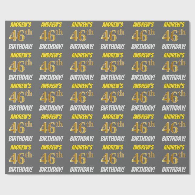 Gray, Faux/Imitation Gold, "46th BIRTHDAY" Wrapping Paper (Flat)