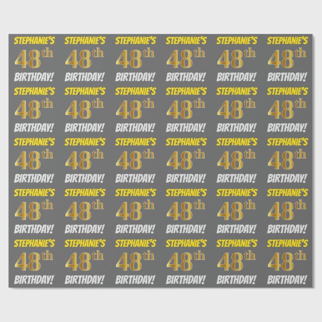 Gray, Faux/Imitation Gold, "48th BIRTHDAY" Wrapping Paper (Flat)