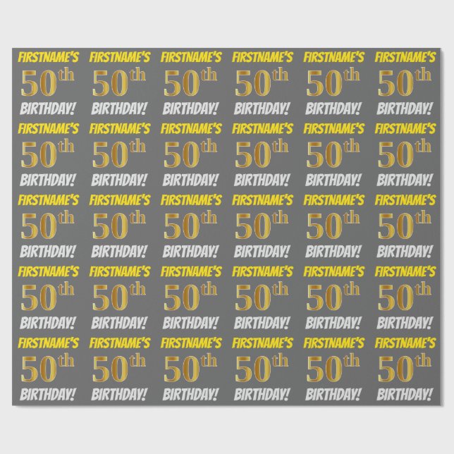 Gray, Faux/Imitation Gold, "50th BIRTHDAY" Wrapping Paper (Flat)