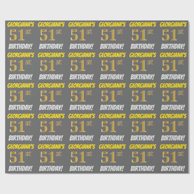 Gray, Faux/Imitation Gold, "51st BIRTHDAY" Wrapping Paper (Flat)