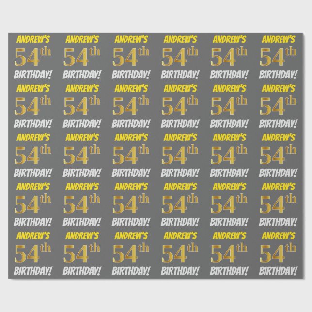 Gray, Faux/Imitation Gold, "54th BIRTHDAY" Wrapping Paper (Flat)