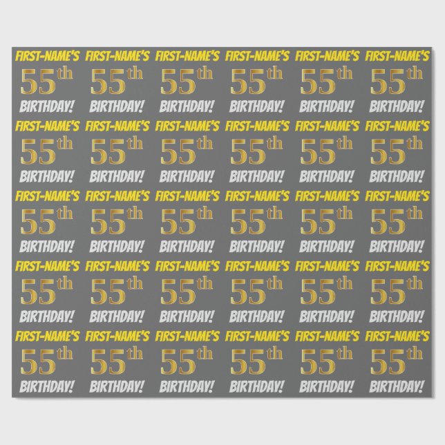Gray, Faux/Imitation Gold, "55th BIRTHDAY" Wrapping Paper (Flat)