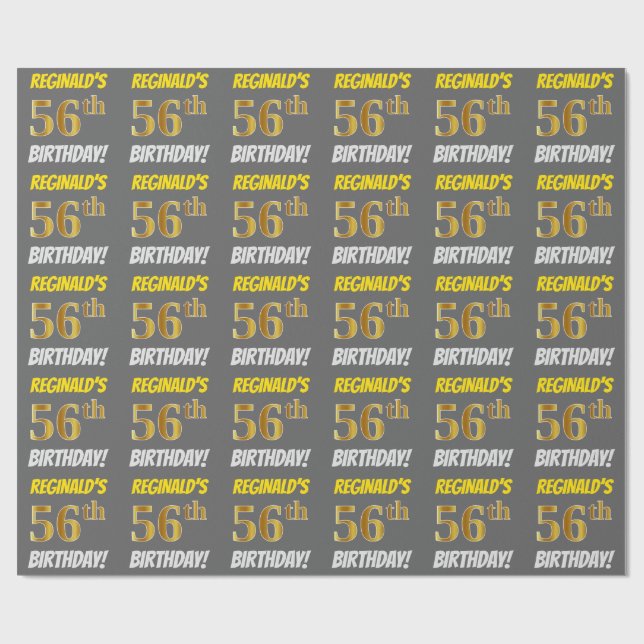Gray, Faux/Imitation Gold, "56th BIRTHDAY" Wrapping Paper (Flat)