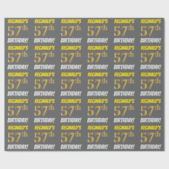 Gray, Faux/Imitation Gold, "57th BIRTHDAY" Wrapping Paper (Flat)