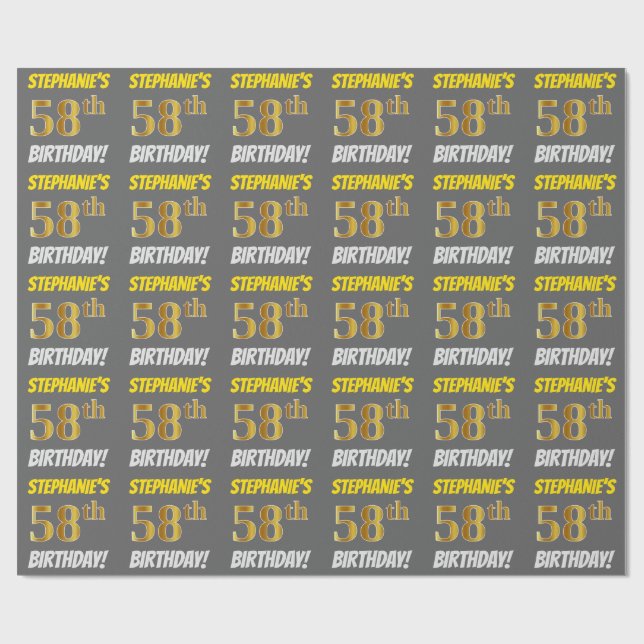 Gray, Faux/Imitation Gold, "58th BIRTHDAY" Wrapping Paper (Flat)
