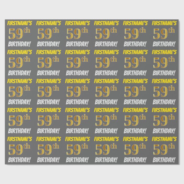Gray, Faux/Imitation Gold, "59th BIRTHDAY" Wrapping Paper (Flat)