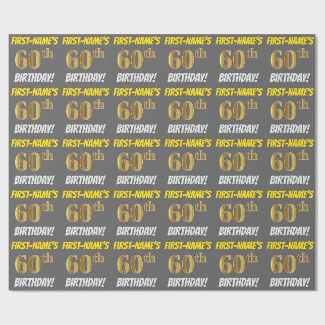 Gray, Faux/Imitation Gold, "60th BIRTHDAY" Wrapping Paper (Flat)