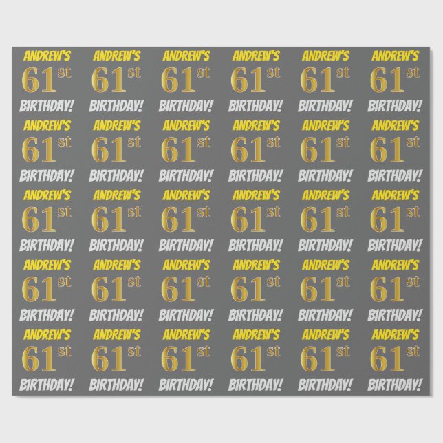 Gray, Faux/Imitation Gold, "61st BIRTHDAY" Wrapping Paper (Flat)