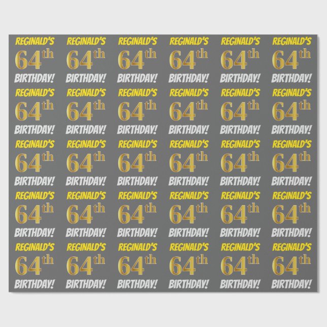 Gray, Faux/Imitation Gold, "64th BIRTHDAY" Wrapping Paper (Flat)