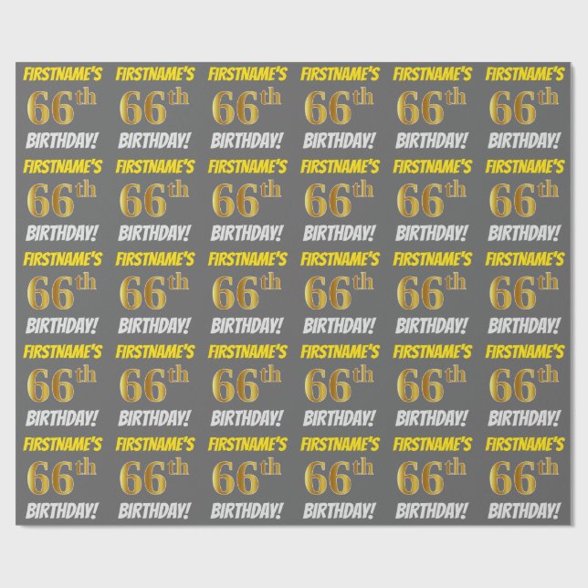 Gray, Faux/Imitation Gold, "66th BIRTHDAY" Wrapping Paper (Flat)