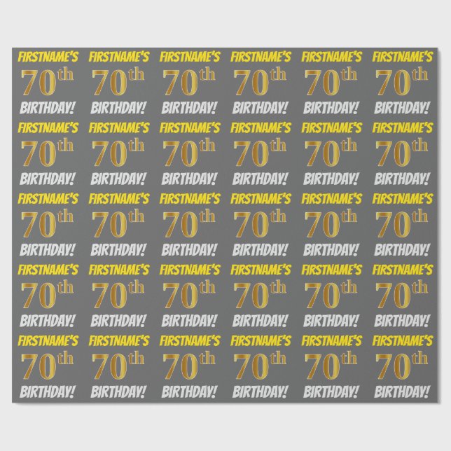 Gray, Faux/Imitation Gold, "70th BIRTHDAY" Wrapping Paper (Flat)