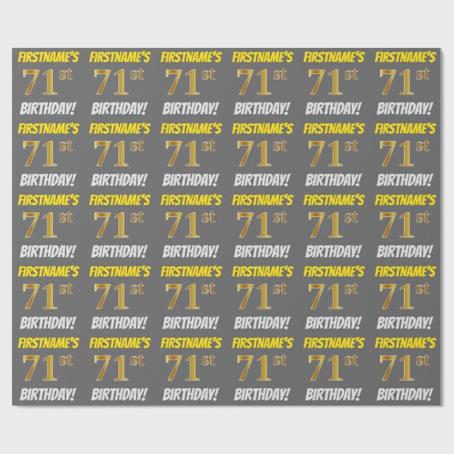 Gray, Faux/Imitation Gold, "71st BIRTHDAY" Wrapping Paper (Flat)