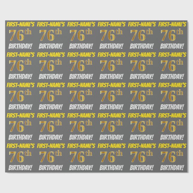 Gray, Faux/Imitation Gold, "76th BIRTHDAY" Wrapping Paper (Flat)