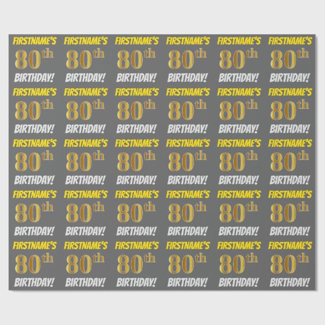 Gray, Faux/Imitation Gold, "80th BIRTHDAY" Wrapping Paper (Flat)