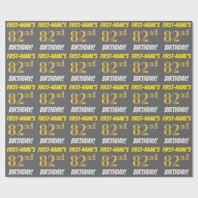 Gray, Faux/Imitation Gold, "82nd BIRTHDAY" Wrapping Paper (Flat)