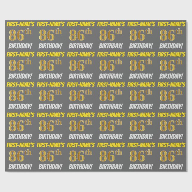 Gray, Faux/Imitation Gold, "86th BIRTHDAY" Wrapping Paper (Flat)