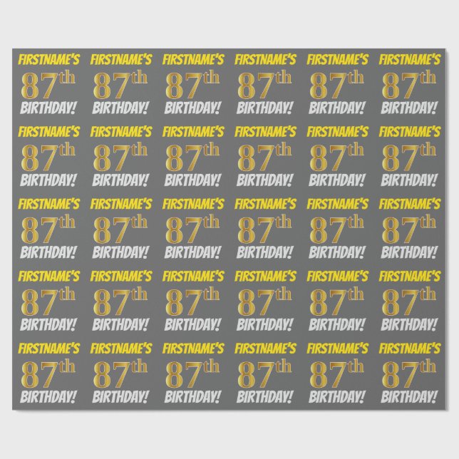 Gray, Faux/Imitation Gold, "87th BIRTHDAY" Wrapping Paper (Flat)