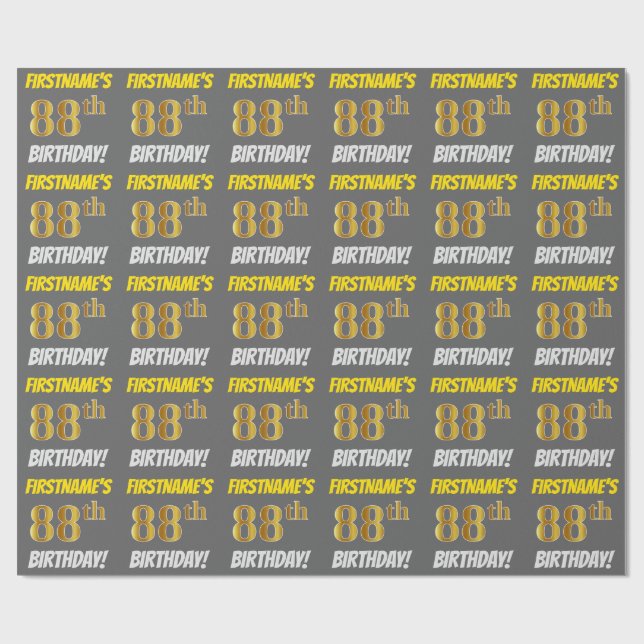 Gray, Faux/Imitation Gold, "88th BIRTHDAY" Wrapping Paper (Flat)