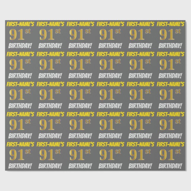 Gray, Faux/Imitation Gold, "91st BIRTHDAY" Wrapping Paper (Flat)