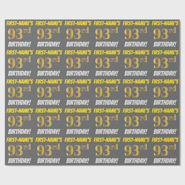 Gray, Faux/Imitation Gold, "93rd BIRTHDAY" Wrapping Paper (Flat)