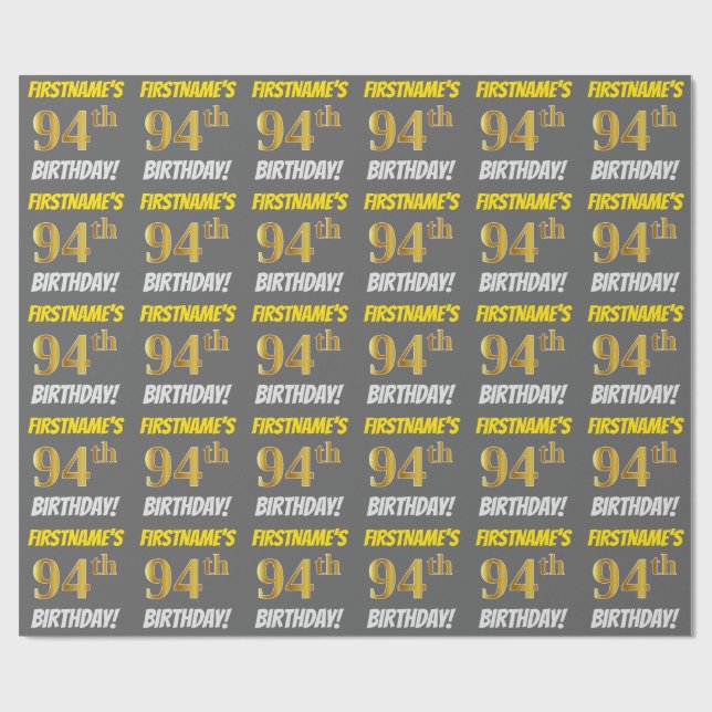 Gray, Faux/Imitation Gold, "94th BIRTHDAY" Wrapping Paper (Flat)