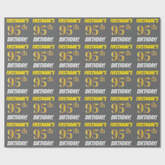 Gray, Faux/Imitation Gold, "95th BIRTHDAY" Wrapping Paper (Flat)