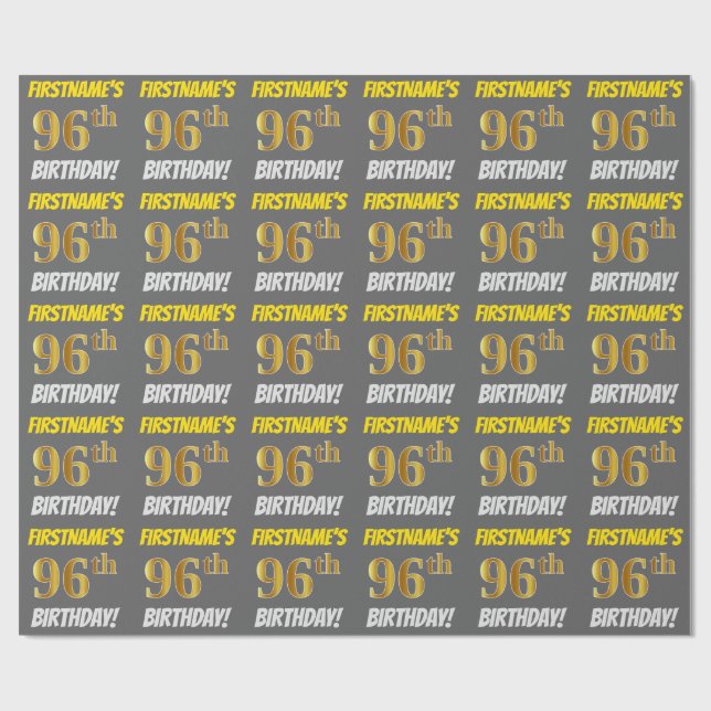 Gray, Faux/Imitation Gold, "96th BIRTHDAY" Wrapping Paper (Flat)