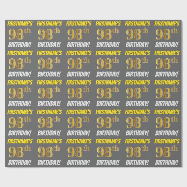 Gray, Faux/Imitation Gold, "98th BIRTHDAY" Wrapping Paper (Flat)