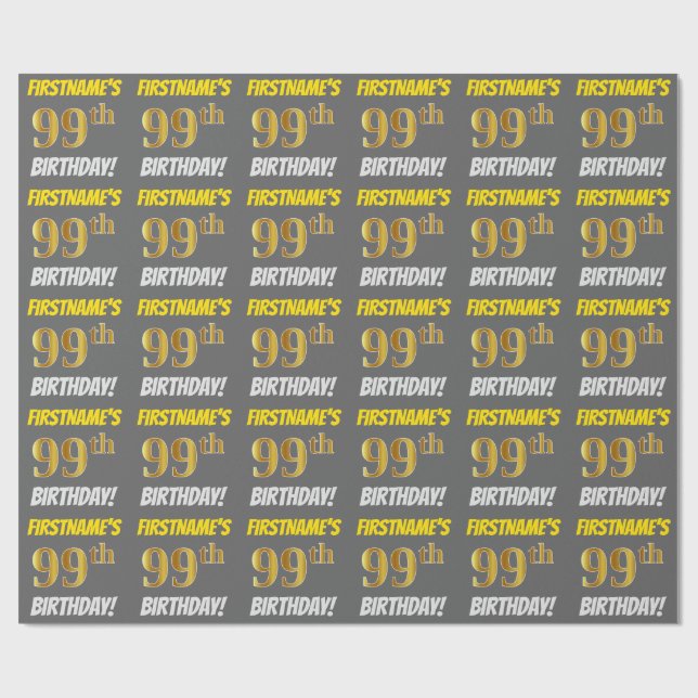 Gray, Faux/Imitation Gold, "99th BIRTHDAY" Wrapping Paper (Flat)
