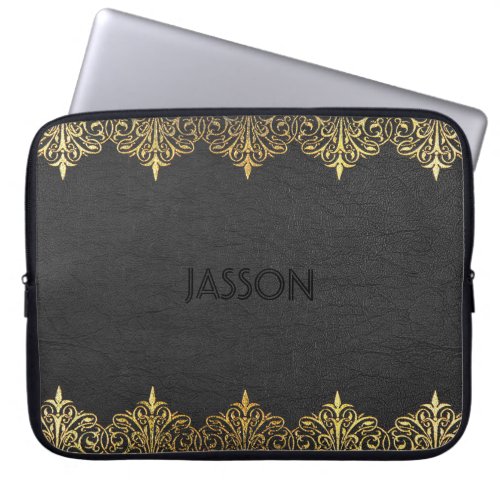 Gray Faux Leather Floral Gold Frame Laptop Sleeve