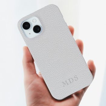 Gray Faux Leather Look Monogram Iphone 15 Case by mothersdaisy at Zazzle