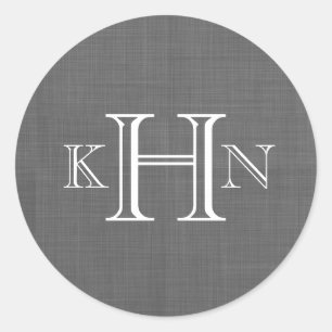 Gray Faux Linen Custom Monogram Round Sticker