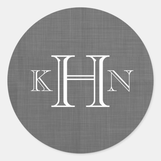 Gray Faux Linen Custom Monogram Round Sticker (Front)