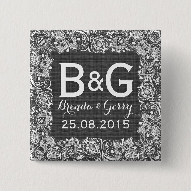 Gray Faux Linen & White Floral Lace Frame Pinback Button (Front)