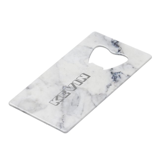 Gray faux marble credit card bottle opener (Back Angled)