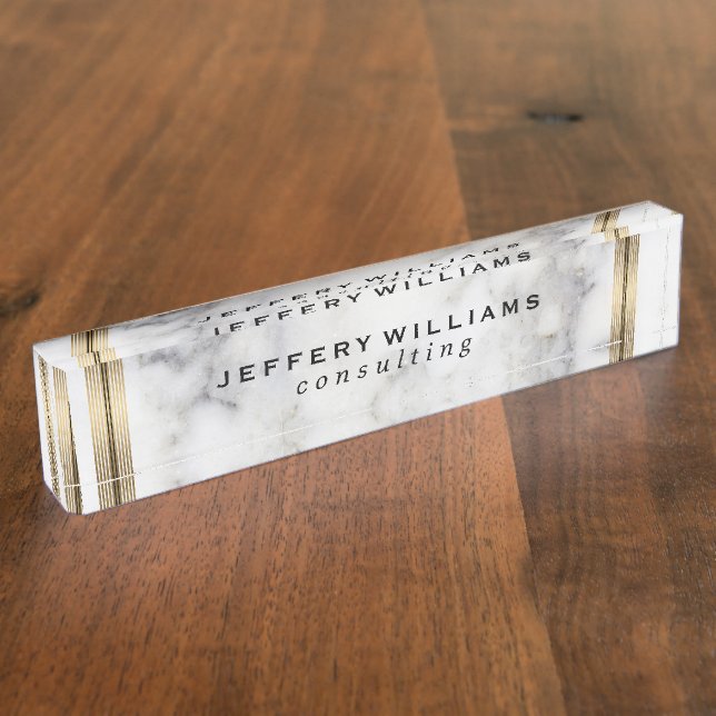 Gray Faux Marble Gold Stripe Accent Nameplate (Side)