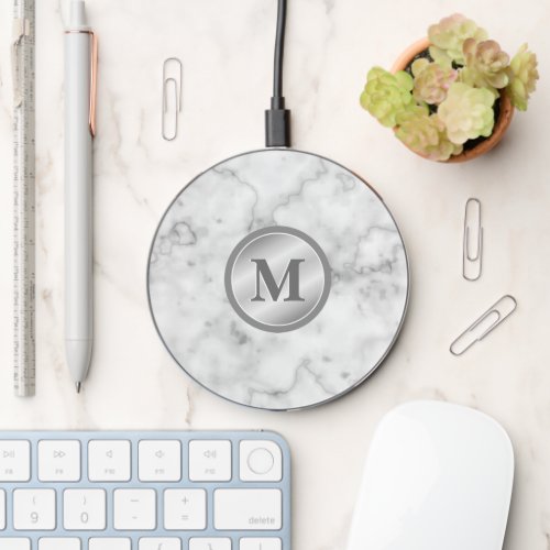 Gray Faux Marble Look  Initial Not Real Marble Wireless Charger