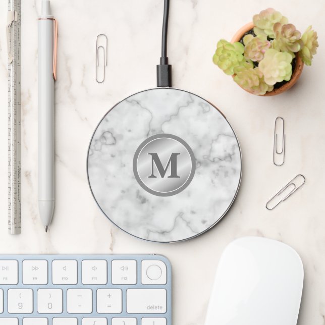 Gray Faux Marble Look & Initial (Not Real Marble) Wireless Charger (Desk)