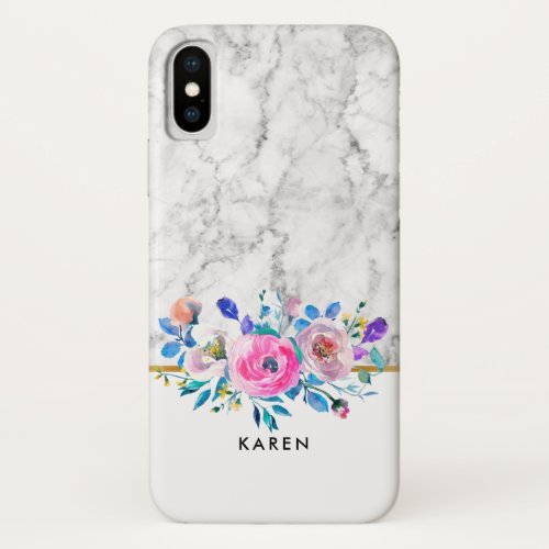 Gray Faux Marble Watercolors Flowers Bouquet iPhone X Case