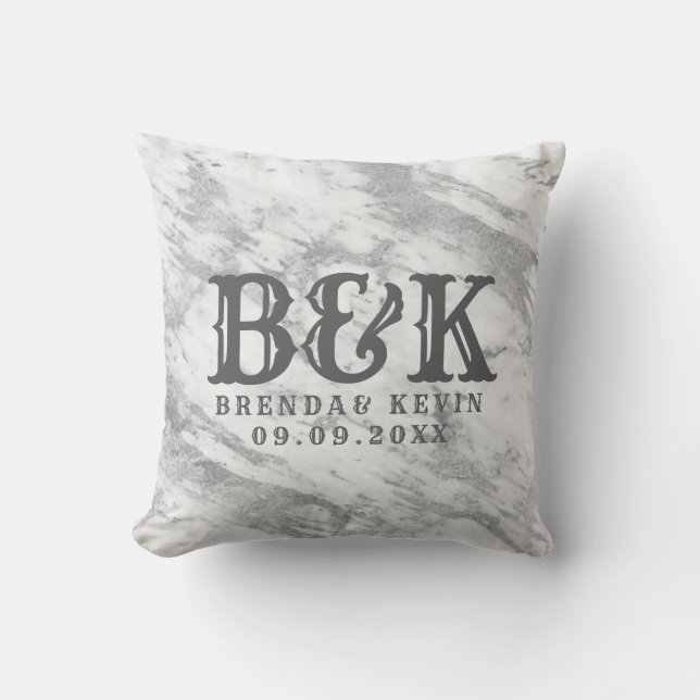 Gray Faux Marble Wedding Monograms Throw Pillow (Front)