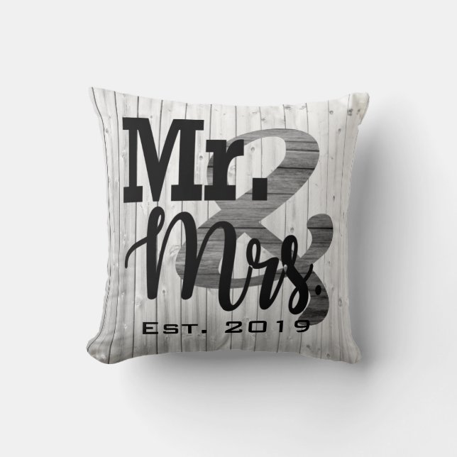 Gray Faux Wood Mr. and Mrs. Wedding Pillow (Front)