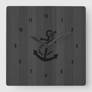 Gray Faux Wood Planks Black Anchor Square Wall Clock