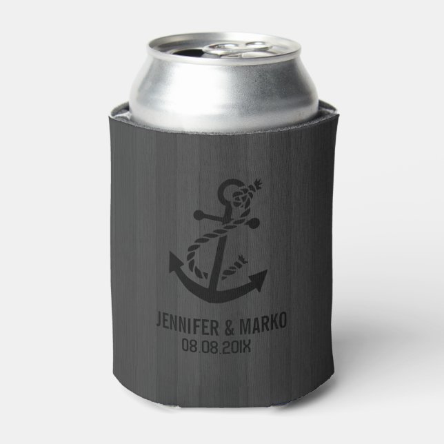 Gray Faux Wood Stripes Nautical Anchor Can Cooler (Can Front)