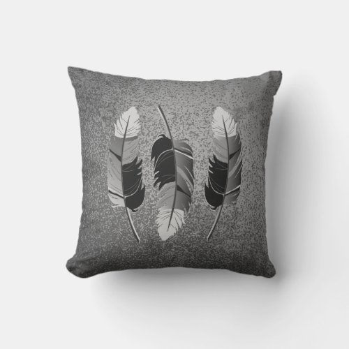 Gray Feather Design on a Grunge Background Throw Pillow