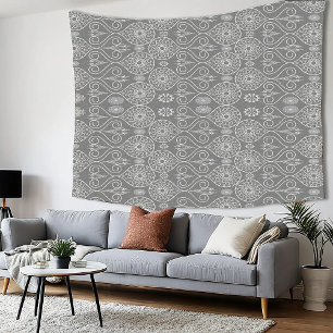 Gray fibrous textile octopus seeds patterned tapestry