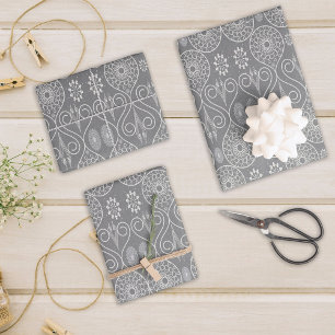 Gray fibrous textile octopus seeds patterned wrapping paper sheets