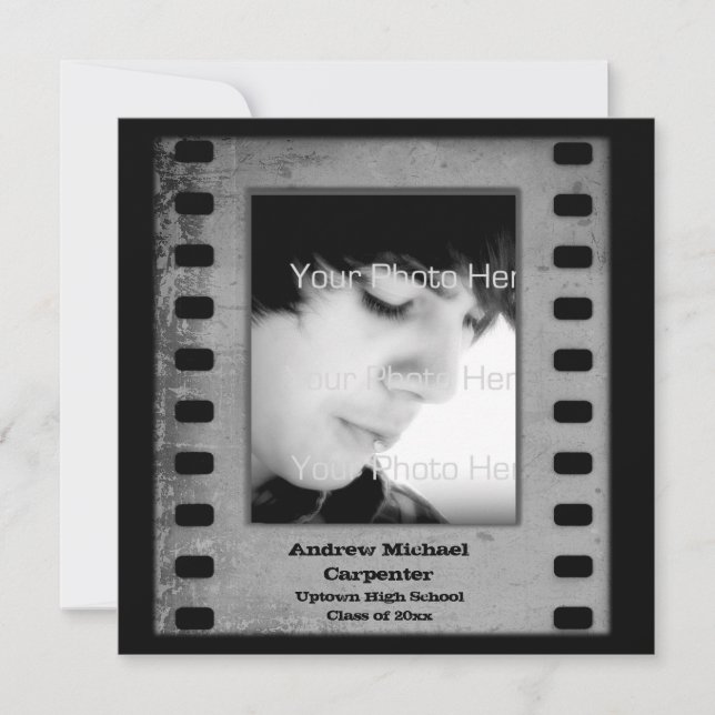 Gray Film Strip Grunge Photo Card Invitation (Front)