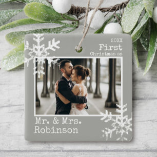 Gray First Christmas Married Photo Snowflake Ceramic Ornament