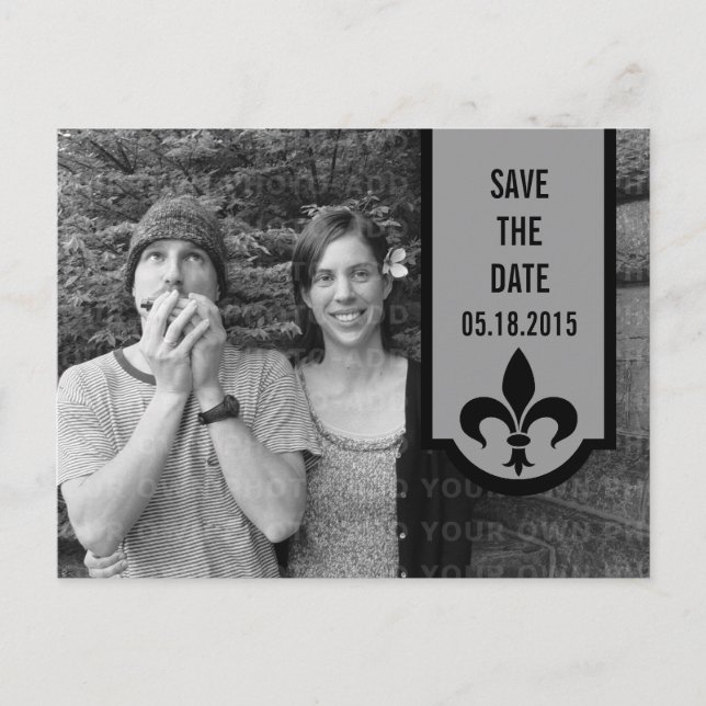 Gray Fleur De Lis Banner Save the Date Postcard (Front)