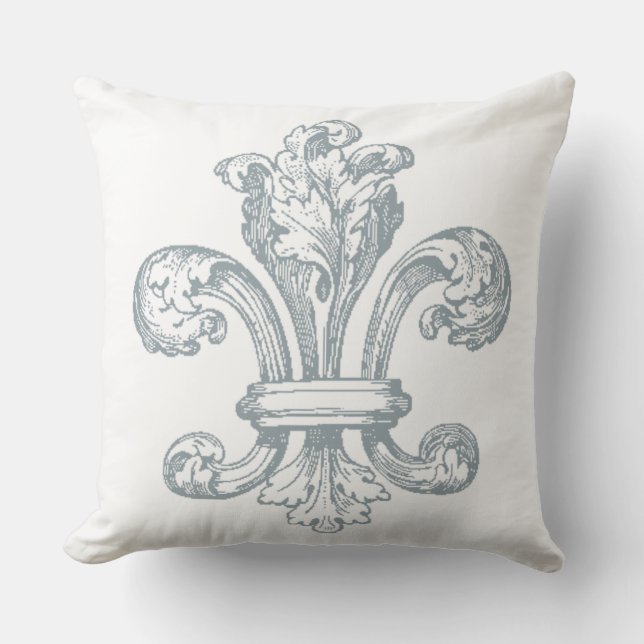 Gray Fleur de Lis on white throw pillow (Front)